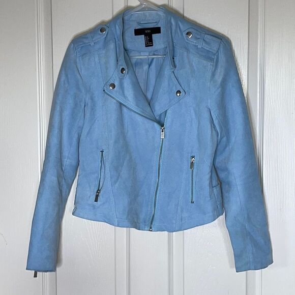 Faux Suede Light Blue Moto Jacket size small - Picture 4 of 9